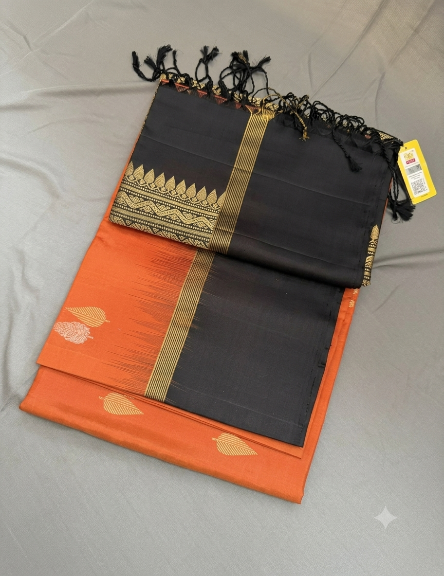 Black & Orange Pure Soft Silk Saree with Traditional Woven Design