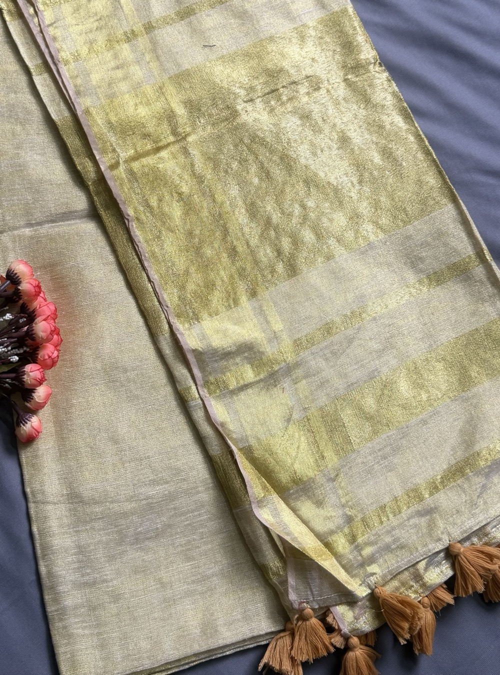120 Count Mul Cotton Saree _ Sand Beige Golden Zari Woven