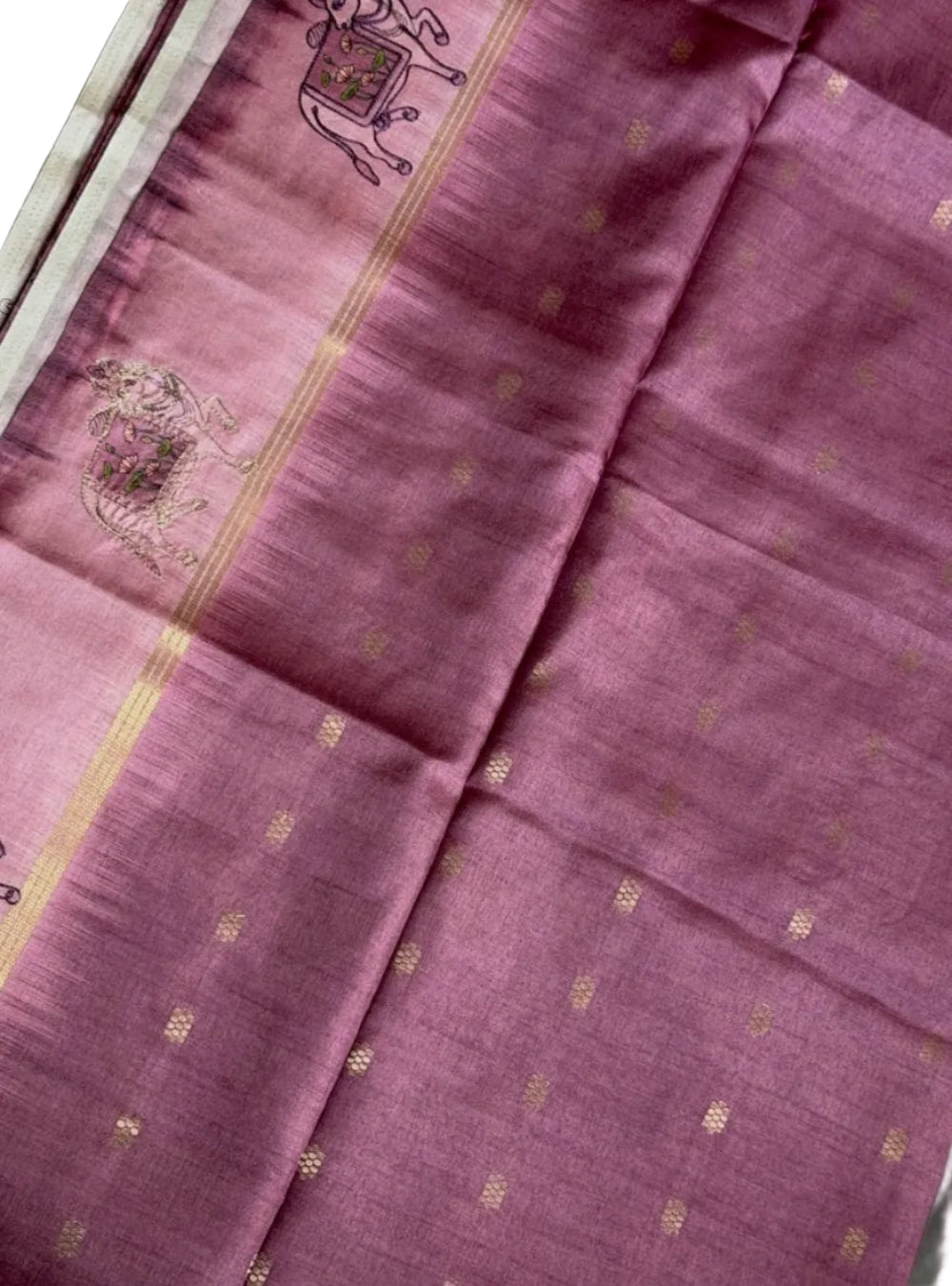 Lotus Pink Bhagalpuri Silk Saree With Elephant Motifs & Printed Pallu