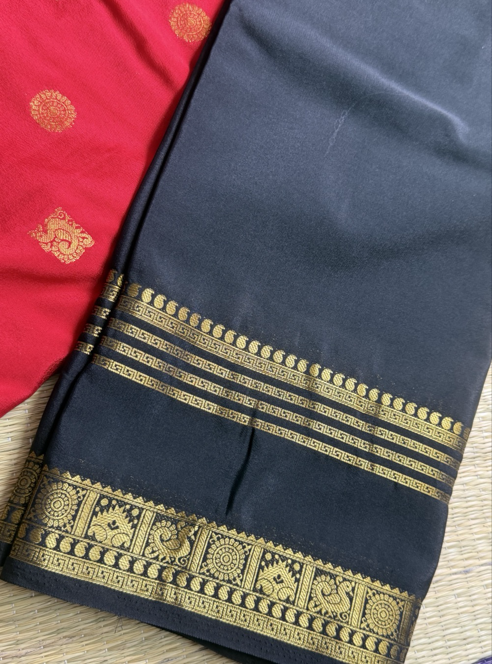 Mysore Crepe Silk Saree _ Chili Red & Black with Zari Border