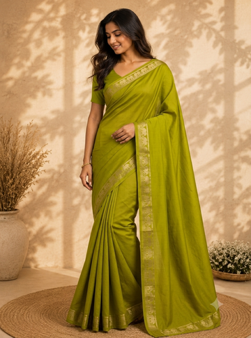 Mysore Semi Crepe Silk Saree _ Deep Mehandi Colour with Golden Border