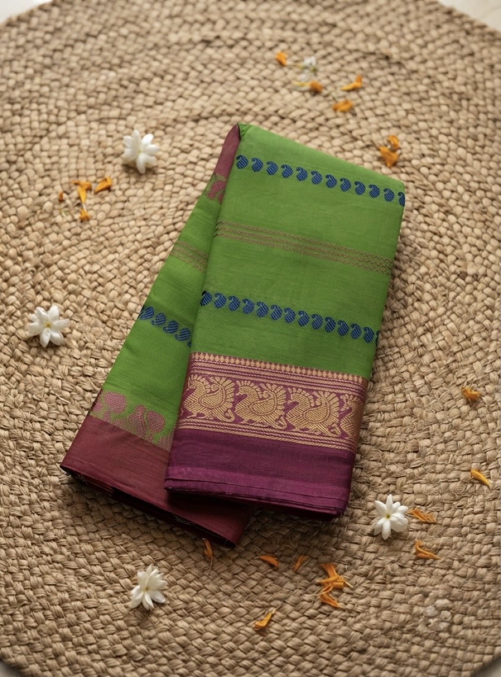 Chettinad Cotton Saree _ Parrot Green with Contrast Pink Border