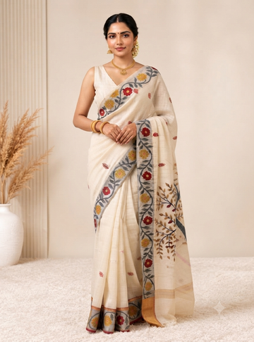 Linen Cotton Saree _ Elegant Ivory With Floral Motif
