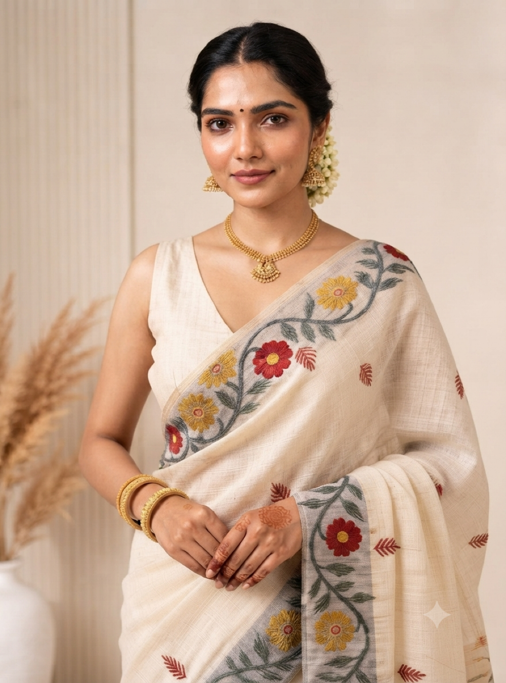 Linen Cotton Saree _ Elegant Ivory With Floral Motif