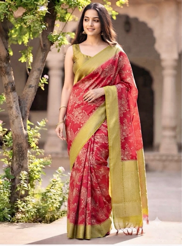 Georgette Banarasi Silk Saree _ Rani Pink with Silk Zari Jalli Pattern