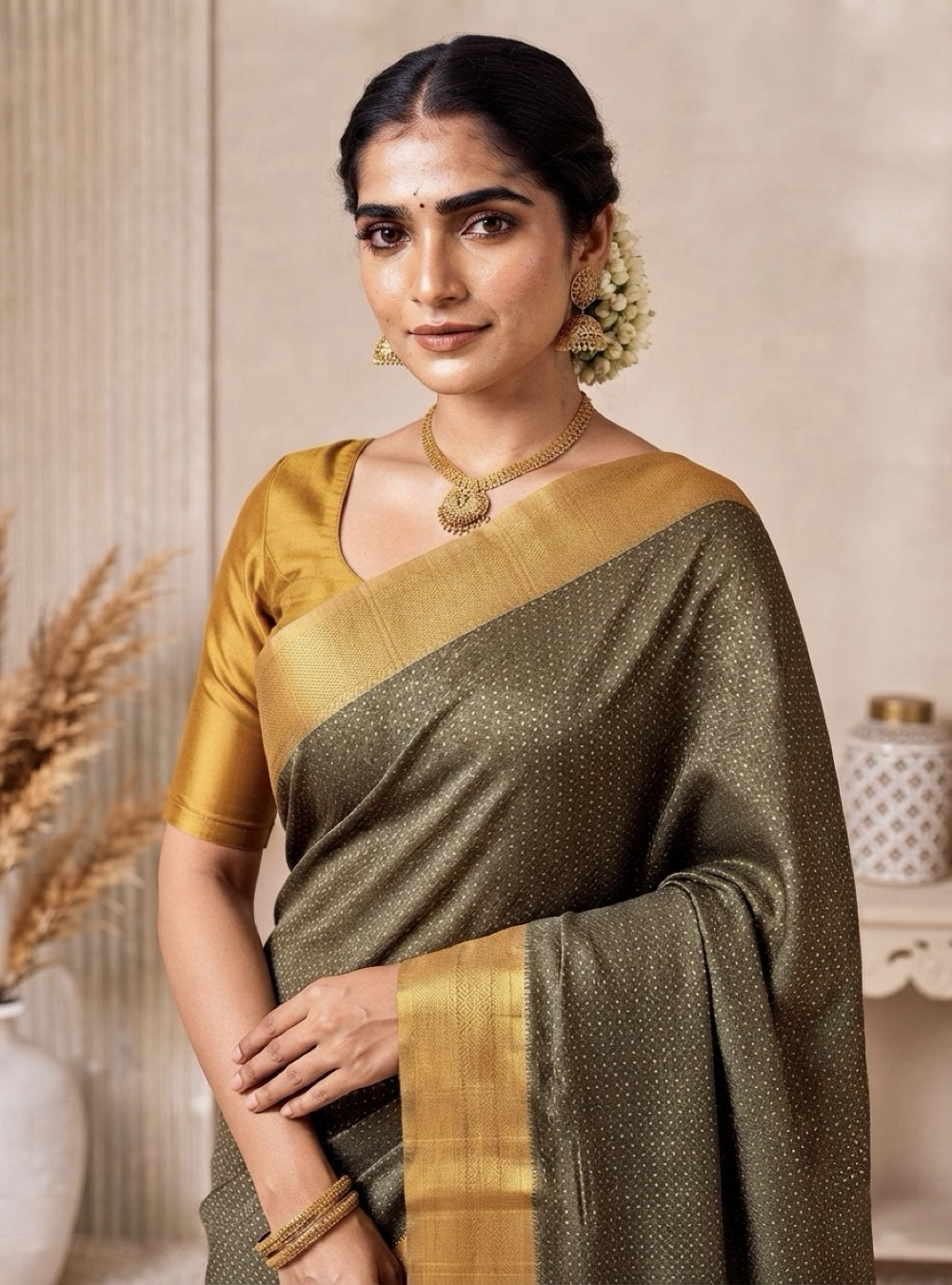 Tusser Silk Saree _ Elegant Olive Green With Rich Golden Border & Contrast Blouse
