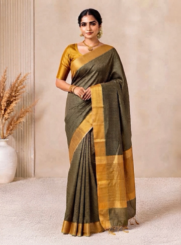 Tusser Silk Saree _ Elegant Olive Green With Rich Golden Border & Contrast Blouse