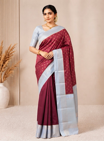 Semi-Mysore Crepe Silk Saree _ Plum Red & Silver Colour With Rich Zari Border