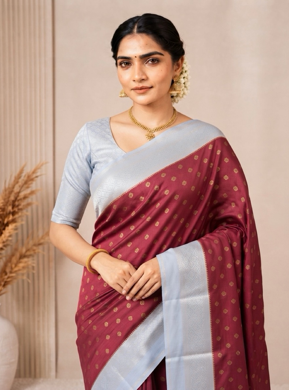 Semi-Mysore Crepe Silk Saree _ Plum Red & Silver Colour With Rich Zari Border