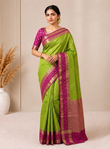 Semi Crepe Silk Saree _ Parrot Green & Rani  Pink With Bentex Border
