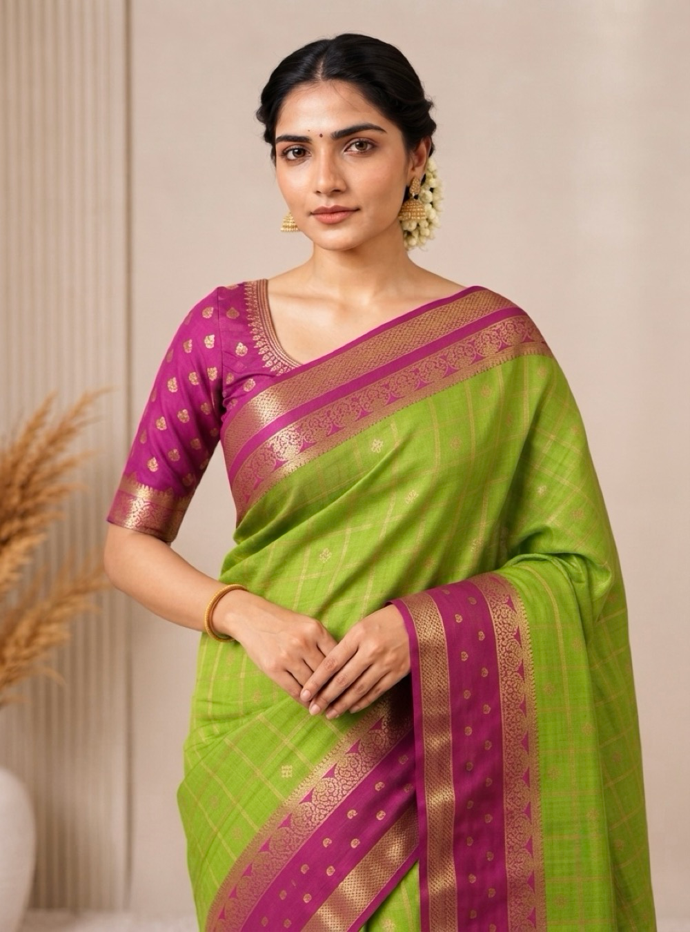 Semi Crepe Silk Saree _ Parrot Green & Rani  Pink With Bentex Border