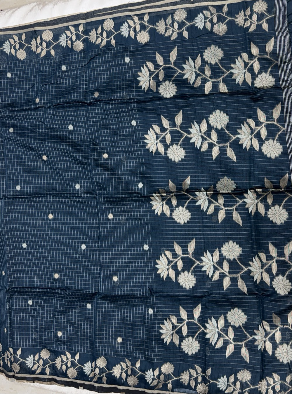 Chanderi Cotton Saree – Deep Teal Blue with Floral Jamdhani Weaving