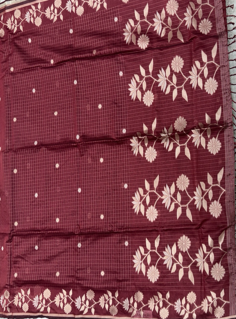 Chanderi Cotton Saree – Wine Red with Floral Jamdhani Weaving