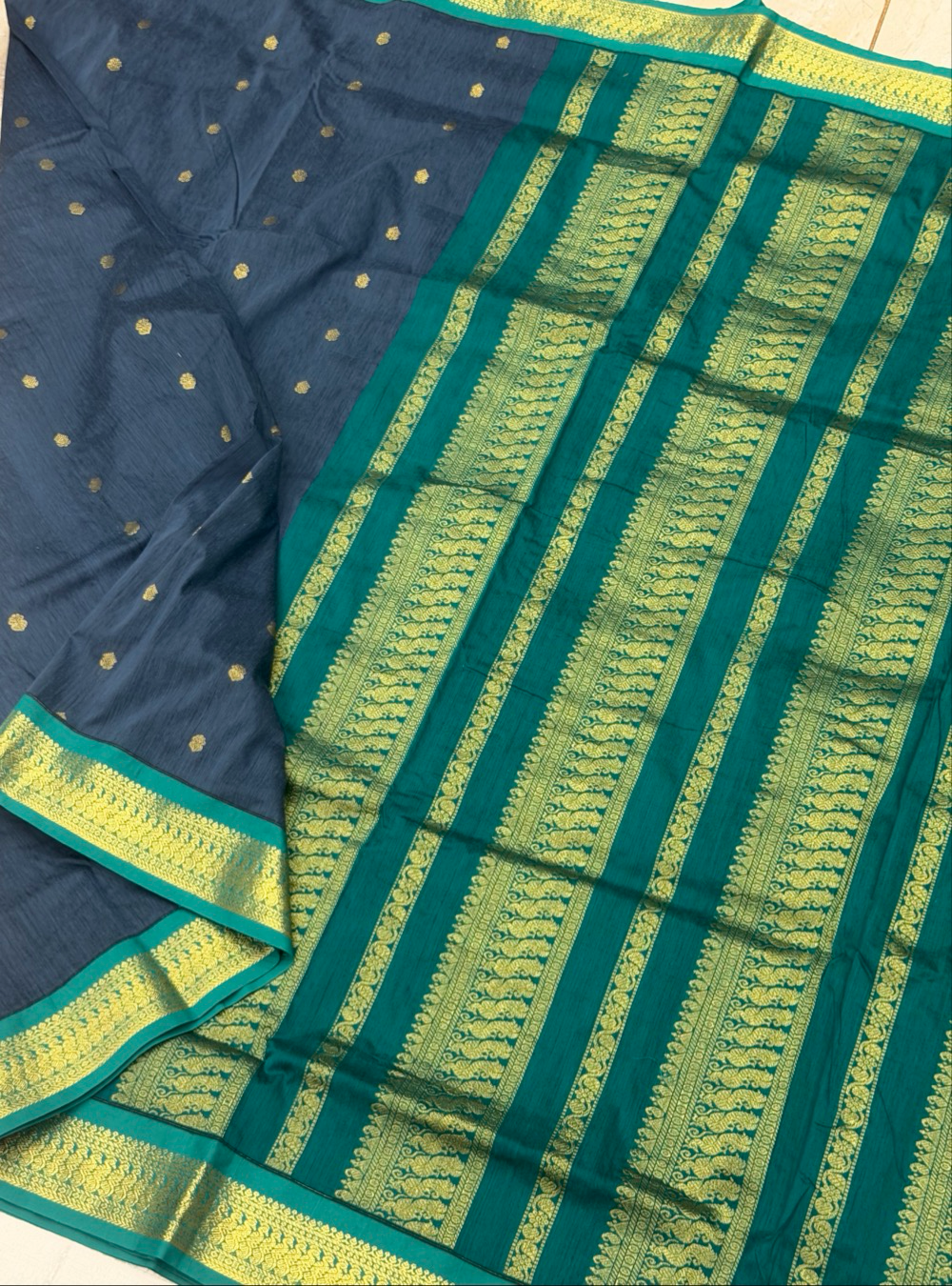 Kalyani Cotton Saree _ Peacock Blue With Teal Blue with Gold Zari