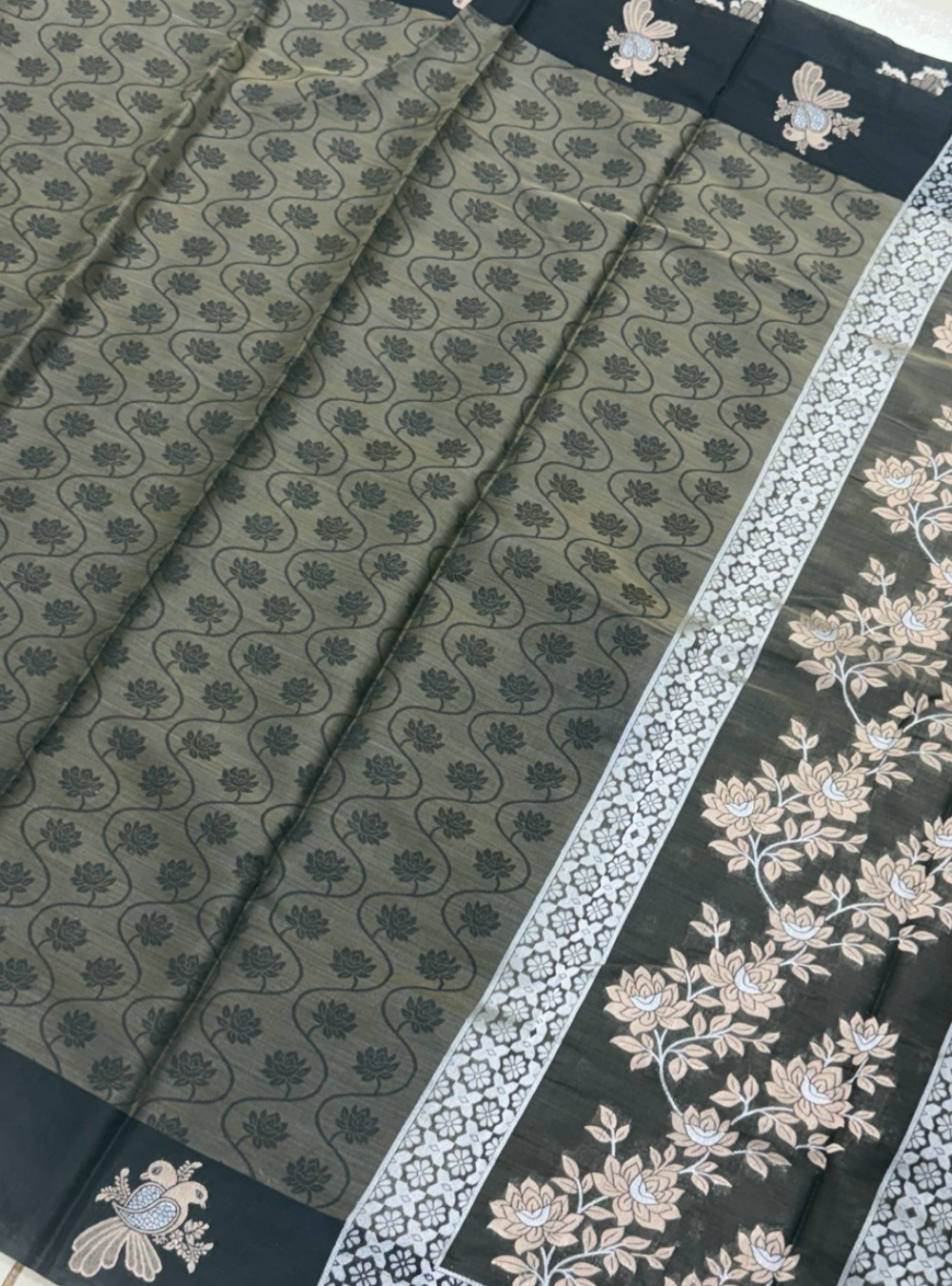Semi  Tussar Saree with Olive Grey & Charcoal |Self Weave Pattern