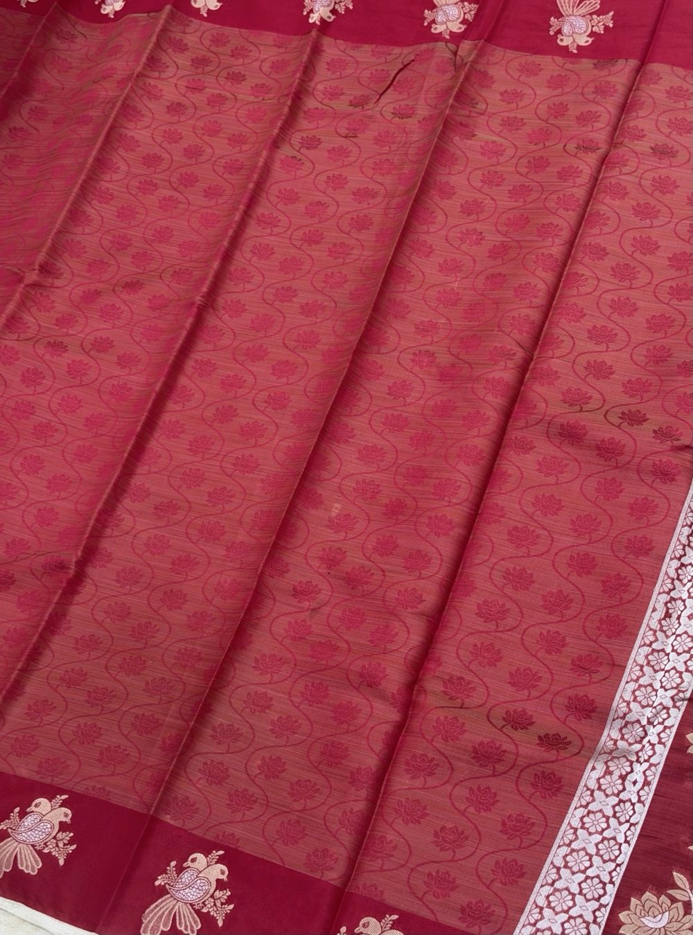 Semi Tussar Silk Saree _ Rani Pink Colour with Self Weave Pattern