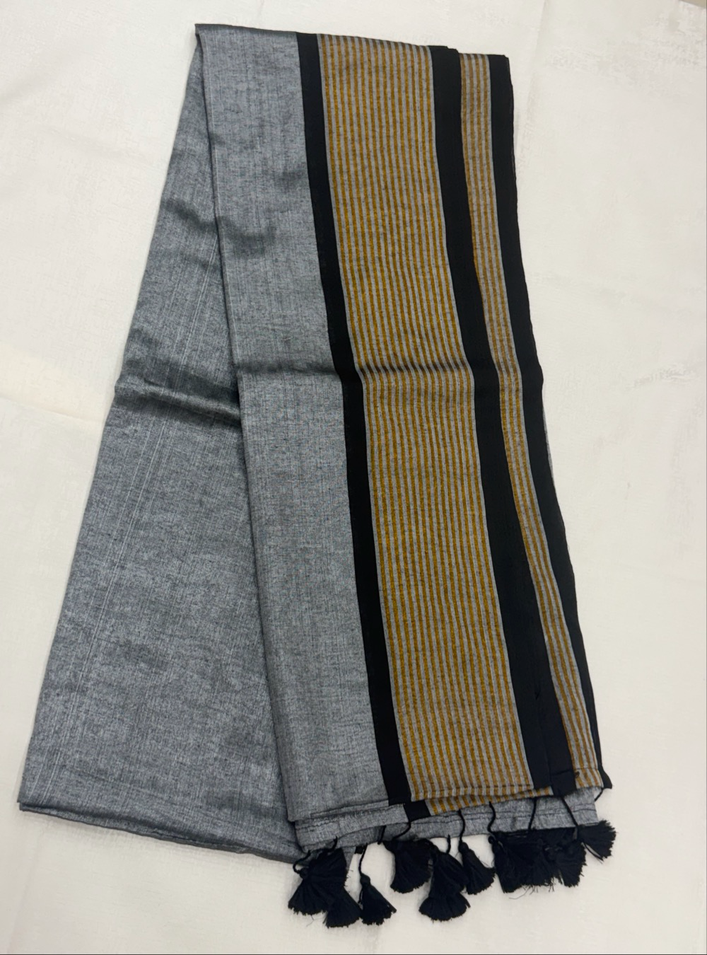Tissue Khadi Cotton Saree _ Grey with Black & Golden Border