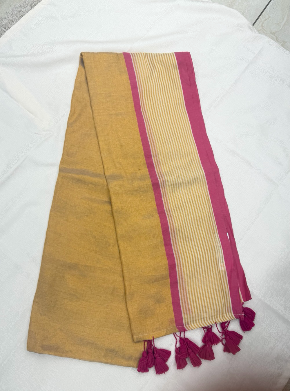 Tissue Khadi Cotton Saree – Sandal Beige with Rani Pink Border