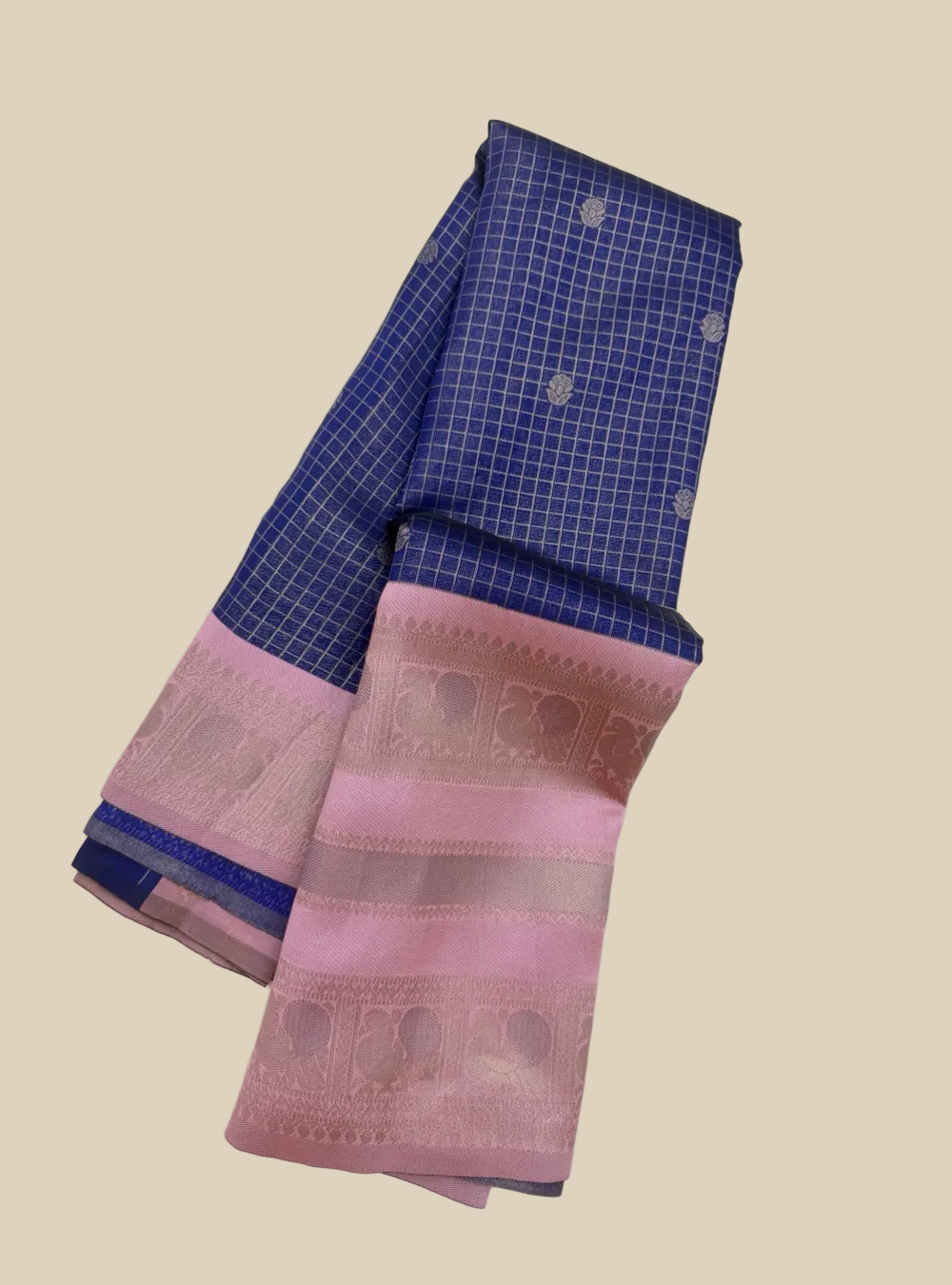 Semi-Gadwal Silk Saree _ Royal Blue With Baby Pink & Vintage Pattern