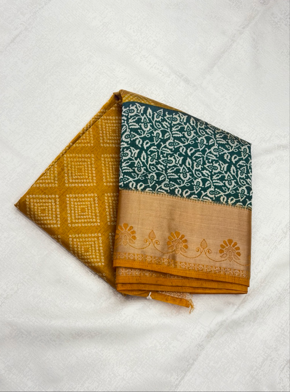 Tussar Silk Saree _ Mustard Yellow with Teal Green Printed Border