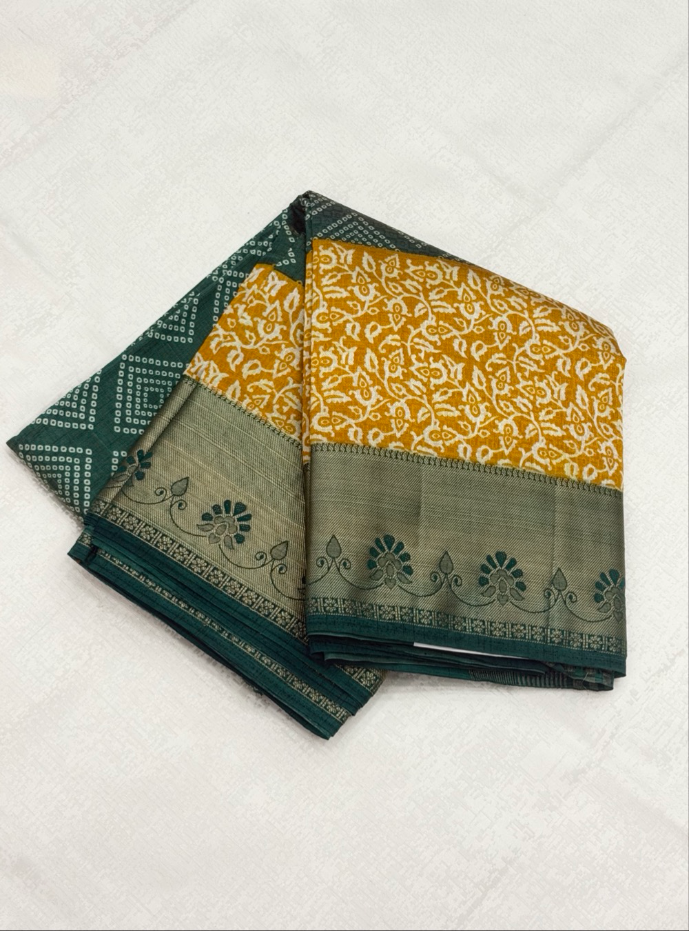 Tussar Silk Saree – Bottle Green with Mustard Yellow Printed Border