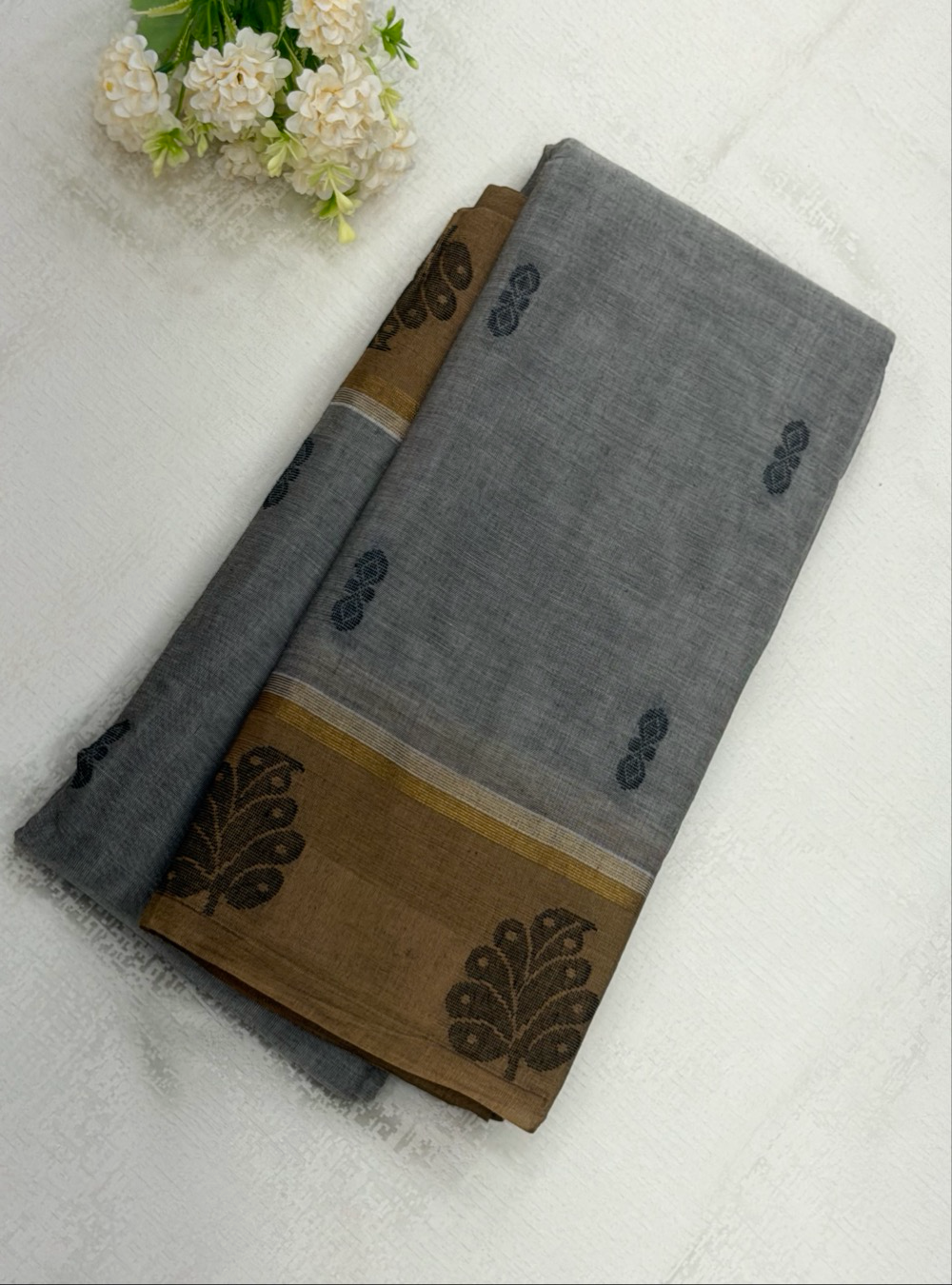 Chettinad Cotton Saree _Silver Grey with Mustard Gold Border | Running Blouse