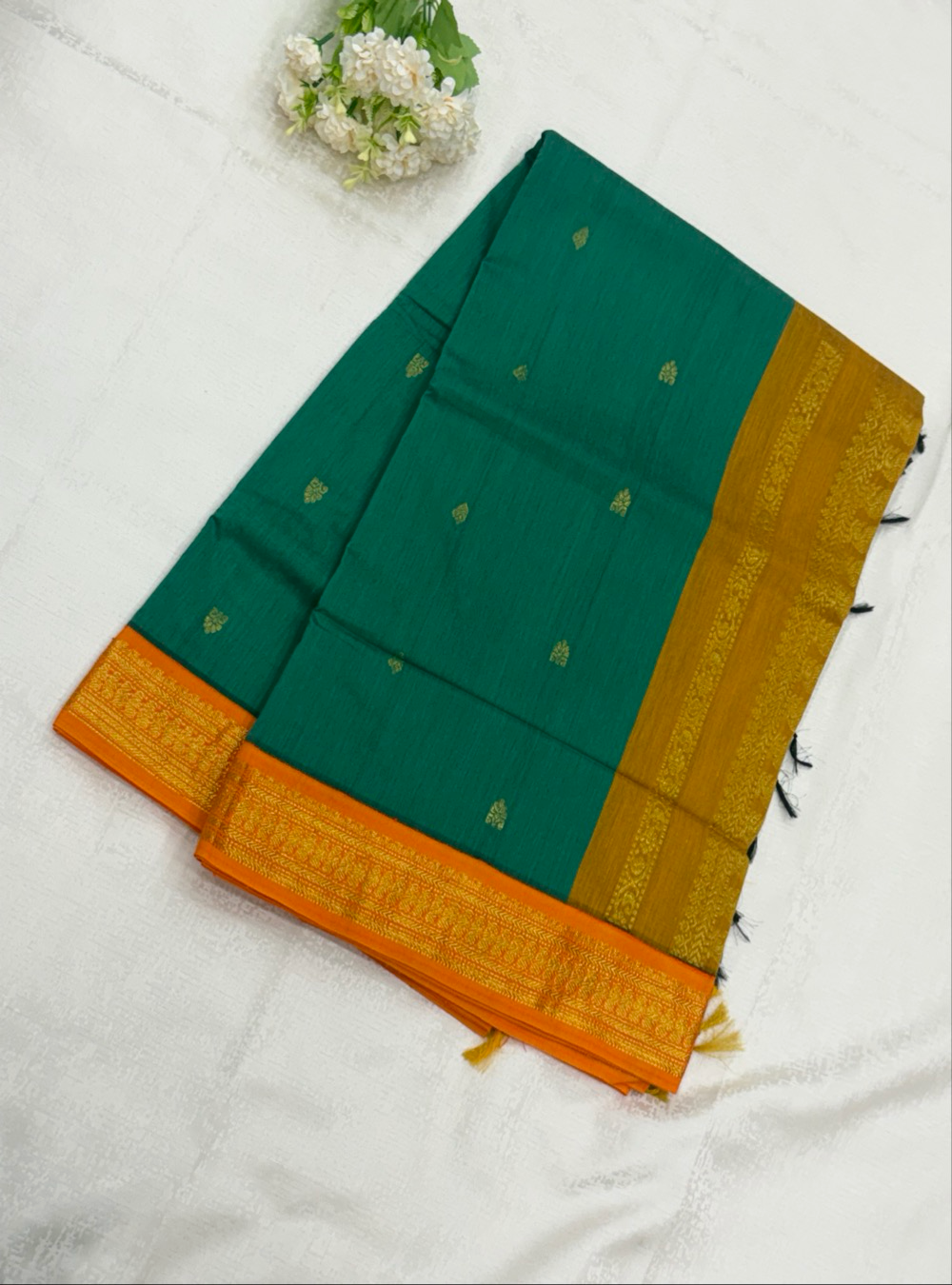 Kalyani Cotton Saree _Emerald Green with Rich Orange | Zari Pallu