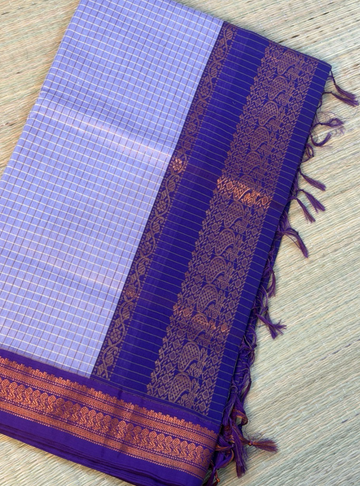 Kalyani Cotton Saree – Checked Pattern Lavender Purple with Deep Purple Zari Border