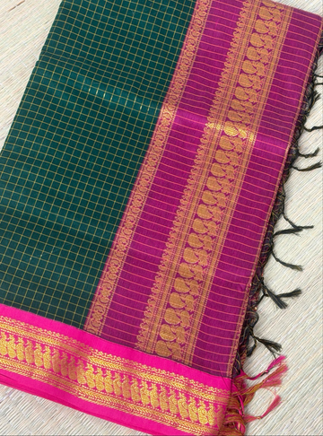 Kalyani Cotton Saree – Checked Pattern Bottle Green With Magenta Pink Zari Border