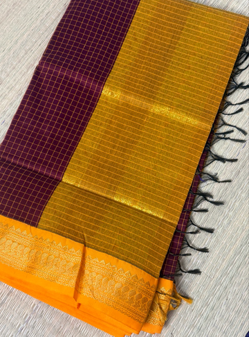 Kalyani Cotton Saree – Checked Pattern Maroon & Mustard Yellow With Zari Border