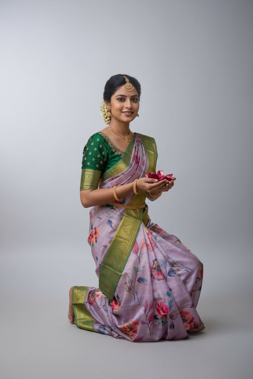 A woman in a traditional Indian saree kneels in a stone corridor with a temple courtyard in the background. The saree is light lavender with a green border and floral print, paired with a green blouse.