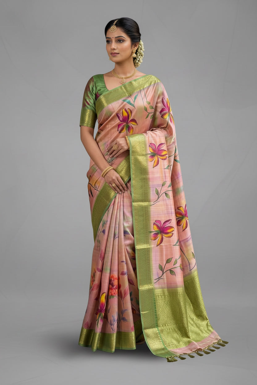 A woman models a pink and green floral printed saree in an outdoor corridor with stone pillars. The saree features a light pink body with vibrant green borders, floral motifs in pink, yellow, and orange, and a green blouse with gold embroidery.