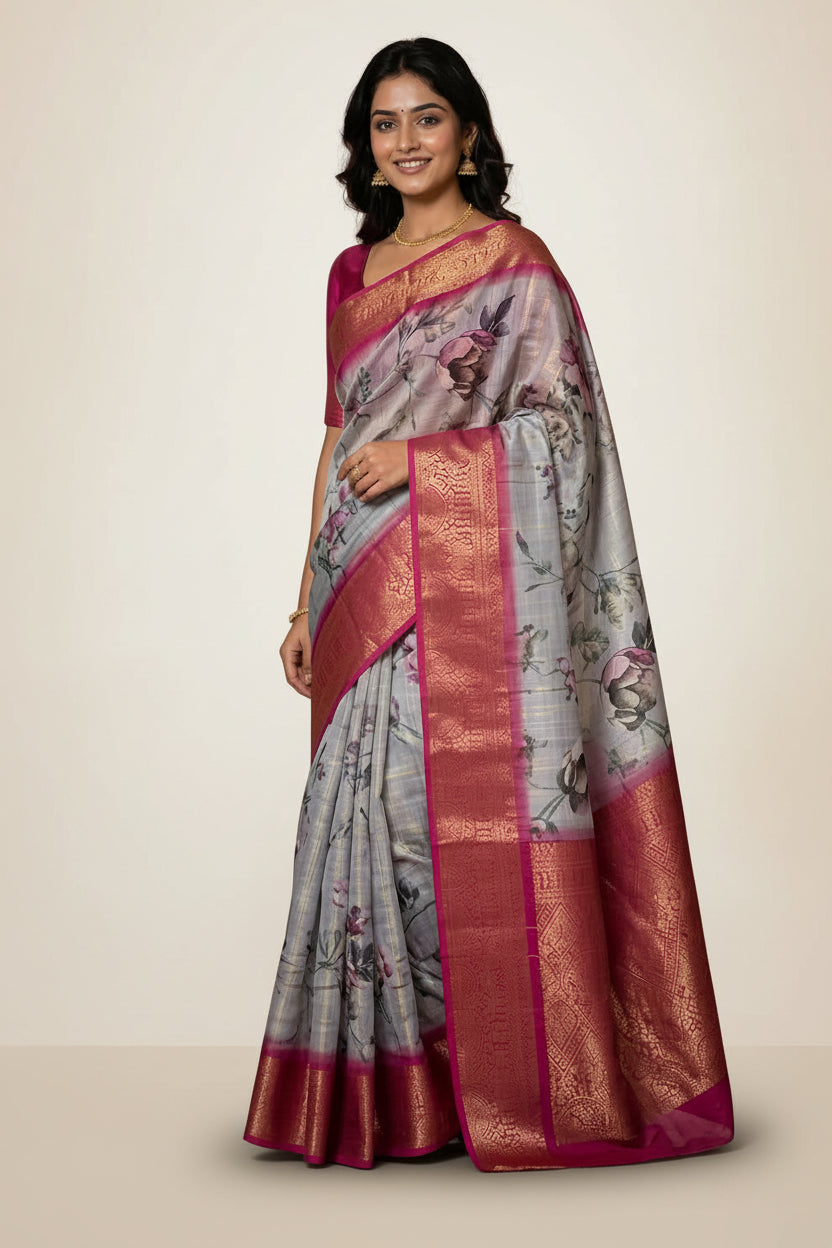 A woman wearing a light gray and pink floral saree with a wide metallic gold border, standing in a traditional courtyard with stone pillars.