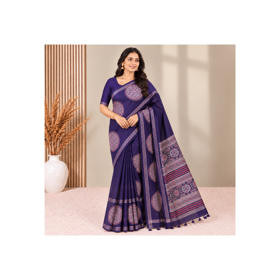 Matka Tussar Silk Saree _ purple Blue with Chakra Print