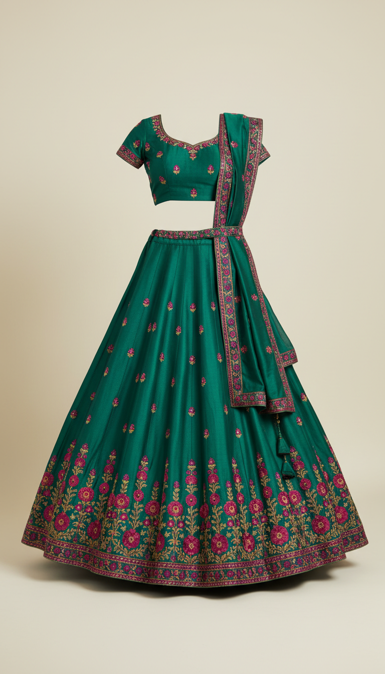 Emerald silk lehenga with zari detailing