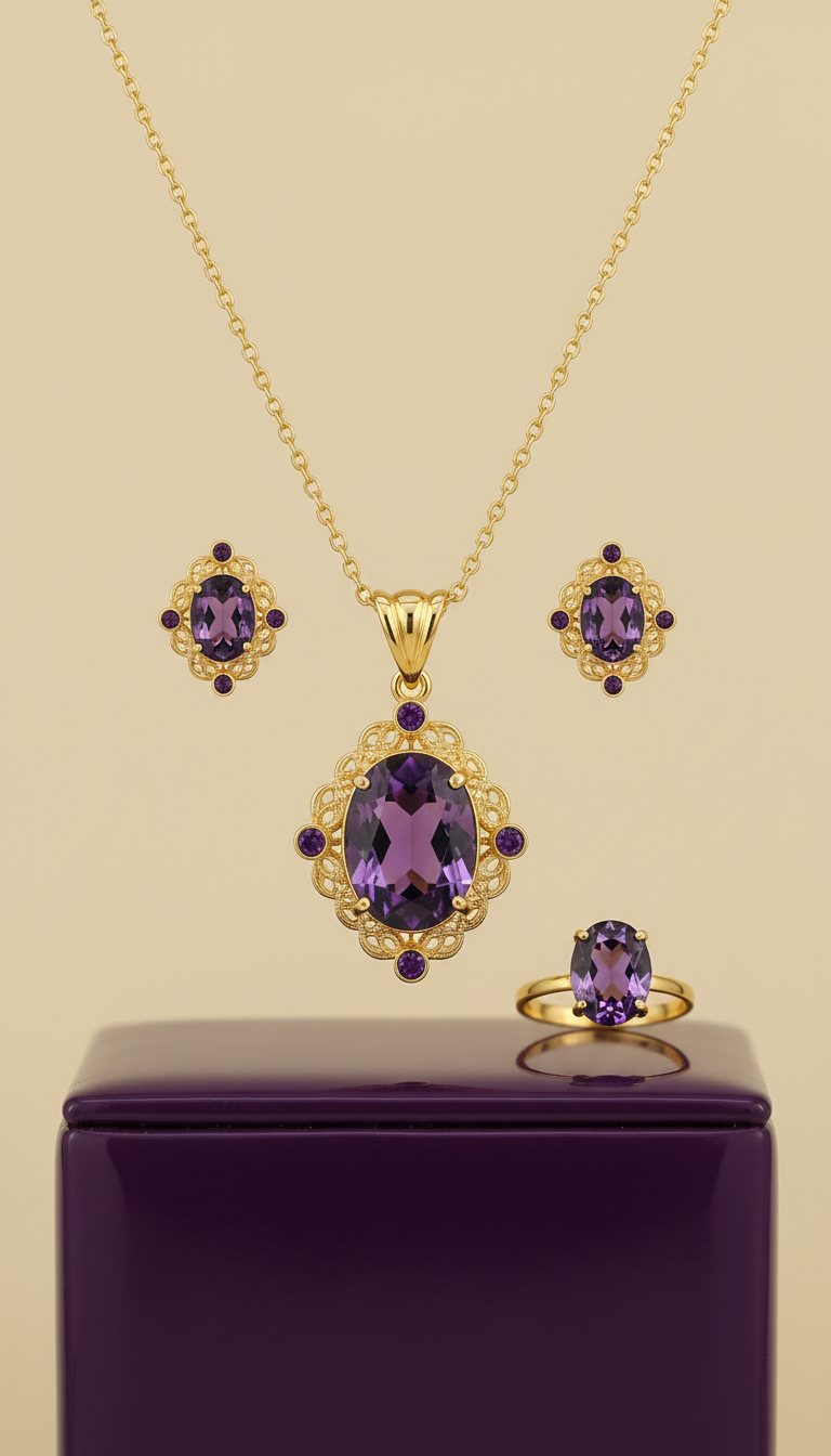 Amethyst gemstone gold-plated necklace set