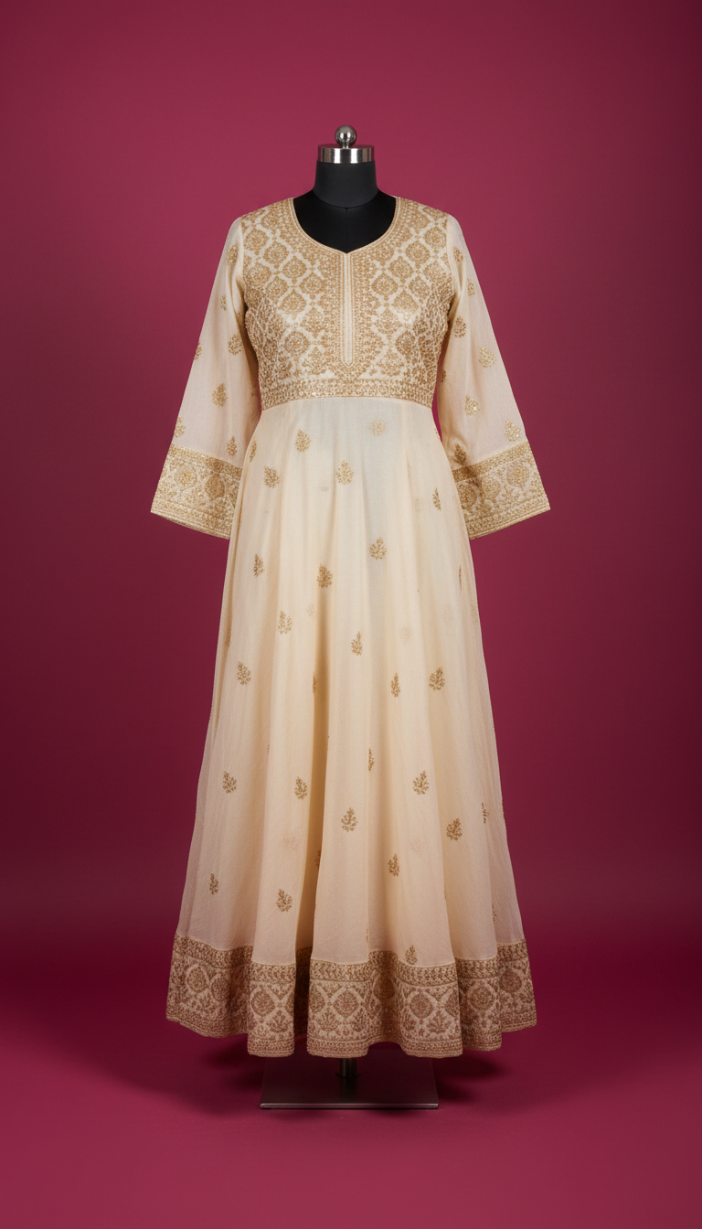 Cream gold embroidered chudidhar with scalloped hem