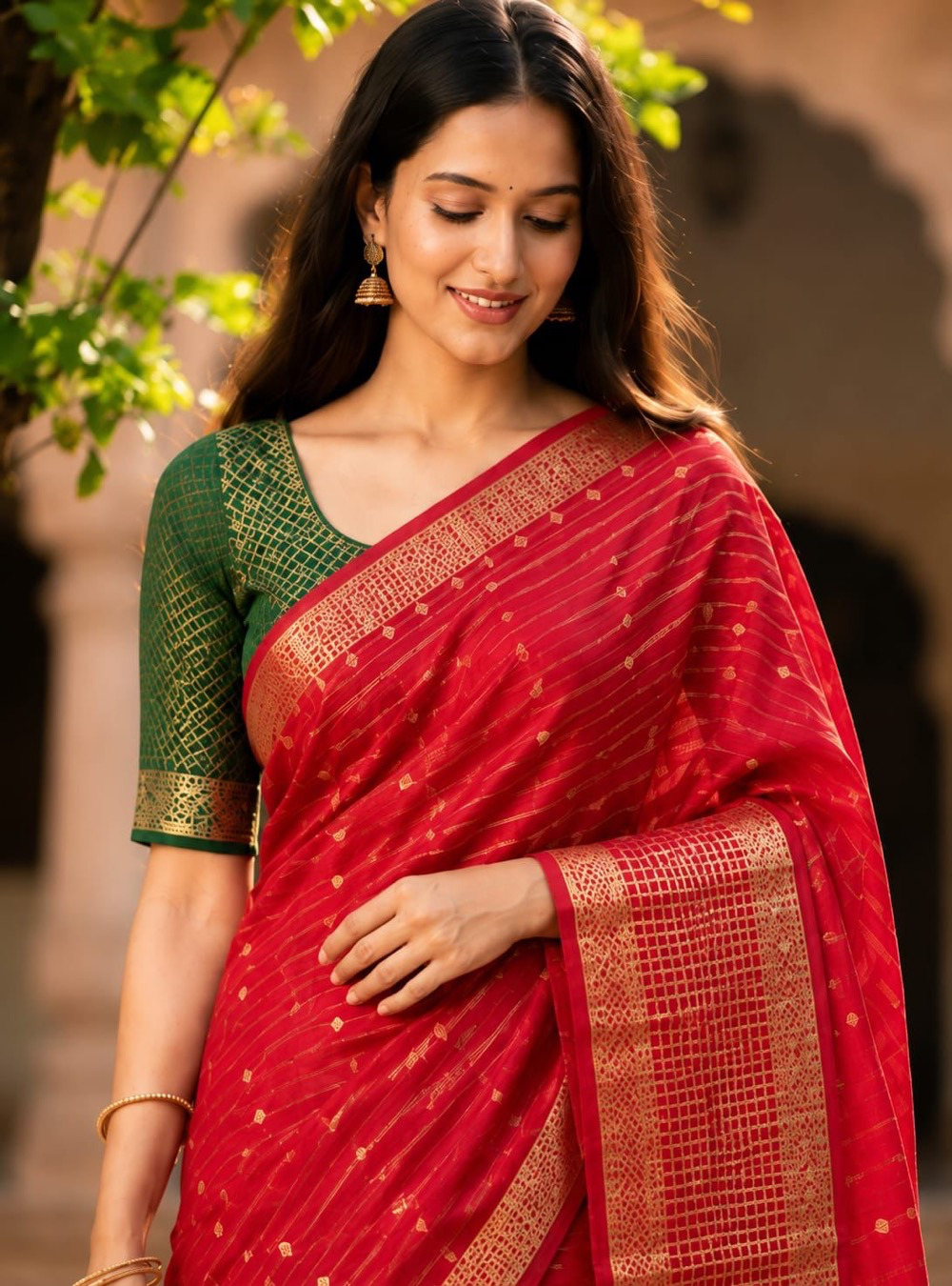 Crepe Silk Saree _ Elegant Red  With Rich Golden Zari & Contrast Green Blouse