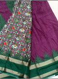 KANISHKA SILKS viscose chiffon saree in deep magenta and green with checked pattern and traditional temple border