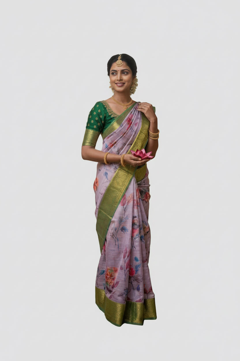 A woman in a traditional Indian saree kneels in a stone corridor with a temple courtyard in the background. The saree is light lavender with a green border and floral print, paired with a green blouse.